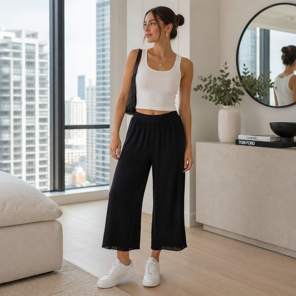 Aritzia Babaton Capri Pants L Black Wide Leg Luxury Minimalist Clean Girl